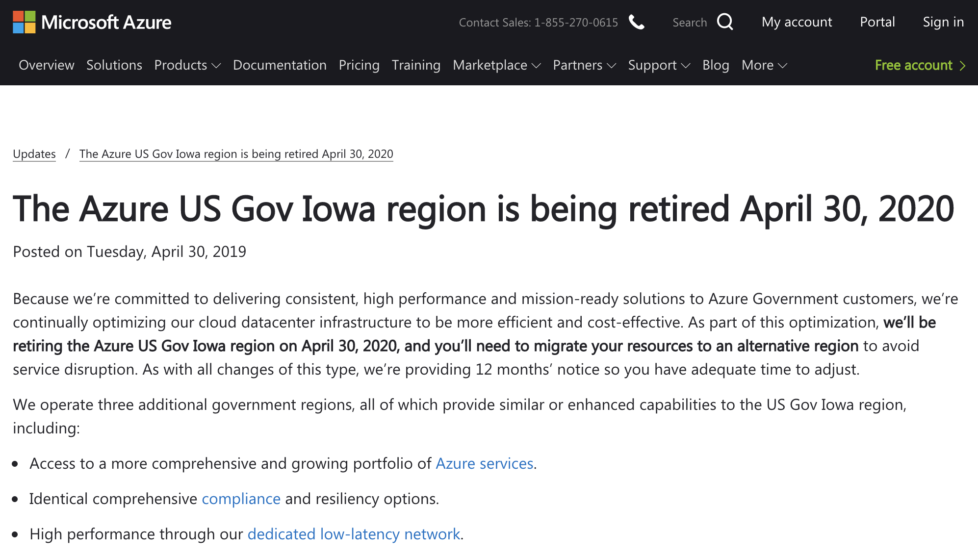 Azure Iowa Data Center for US Government Retirement Announcement (2019)